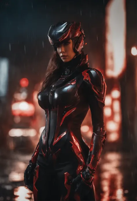 1 japanese girl, WARFRAME, intricate pattern, heavy metal, energy lines, faceless, glowing eyes, elegant, intense, blood red and black uniform, solo, modern, city, streets, dark clouds, thunderstorm, heavy rain,, dramatic lighting,, (masterpiece:1.2), best...