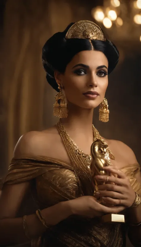 Generate a realistic photo of Cleopatra, the queen of Egypt, holding a horse-shaped perfume bottle in her hands. Capture the essence of her regal beauty and the opulence of her surroundings. Ensure that the photo reflects the grandeur and elegance associat...