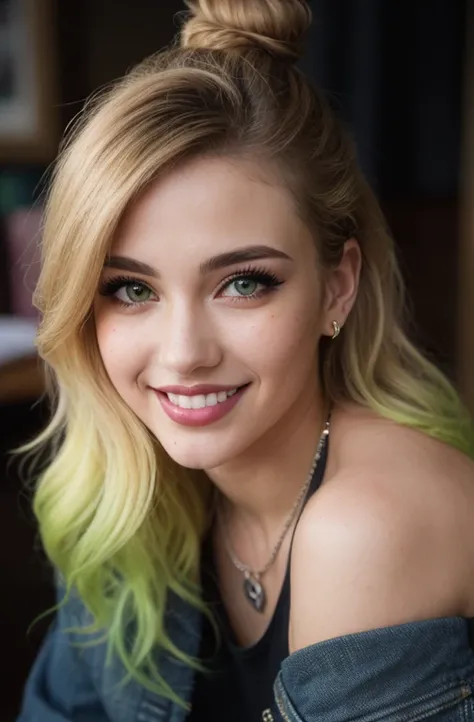 
(close-up, editorial photograph of a 23 year old woman withYellow and yellow-green gradient hair,  shoulder-length wavy hair,), bun_hairstyle, magenta  lips, wink, happy smile, make up(highly detailed face:1.4) (smile:0.7) (background inside dark, moody, ...