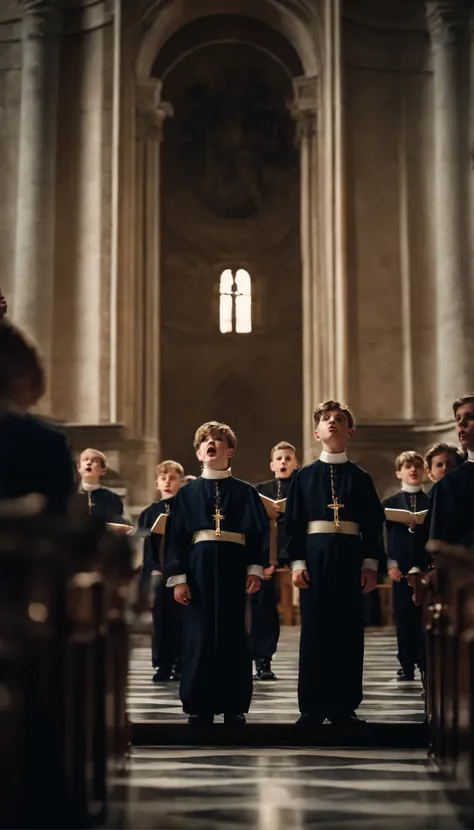 High-quality photograph capturing medieval era the talented boys vocal ensemble performing at the iconic Vatican cathedral  wearing church clothes 