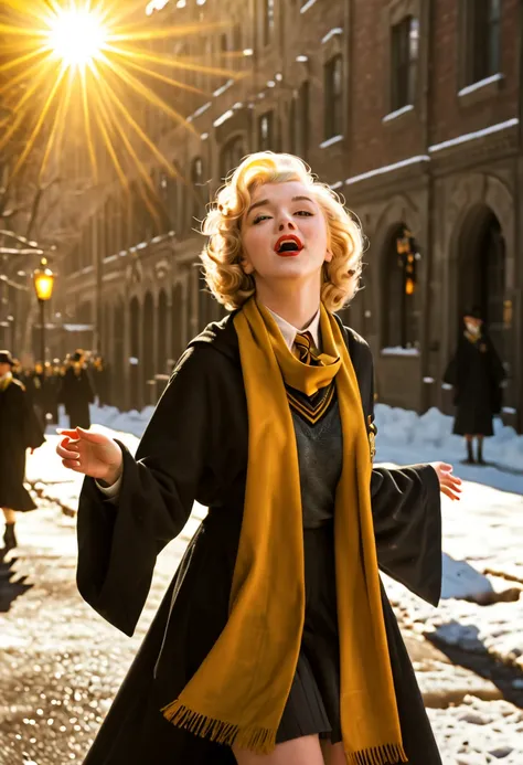 The movie film is still, with full body shots. On the streets of New York, the 25-year-old fair skinned Marilyn Monroe in a hufflepuff uniform dances in the wind, yellow scarf, winter, solo, creating a fictional scenery (intense sunlight: 1.4). Realistic d...