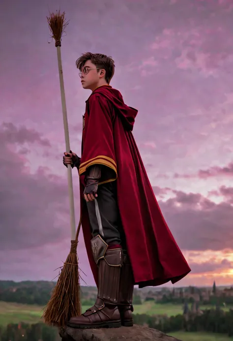 anime art, anime coloring, a boy wearing a gryffindor quidditch uniform, elbow protections, armor, trausers, red robe, witch broom, hogwarts, gryffindor emblem, low angle, muted colors, dark palette, hazy twilight, (looking away, looking far:1.3)