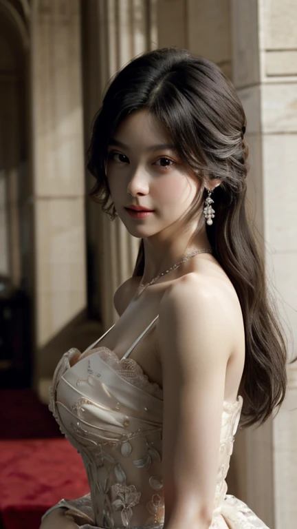 1 girl, looking at the viewer,
Upper body, 3D, realistic,
big breasts, overly ruffled princess dress, drape clothing, jewelry, ornament, flower, lace trim,
masterpiece, highest quality, 8K, fine skin texture, fine cloth texture,  beautiful detailed face, i...