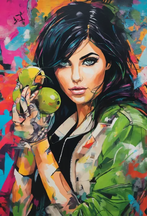 close up, portrait of a young Italian woman with black hair and green eyes, wearing dirty rags, hyper realistic, detailed face, The image should draw inspiration from street art, gin martini with olives." set against a dynamic and colourful backdrop with g...