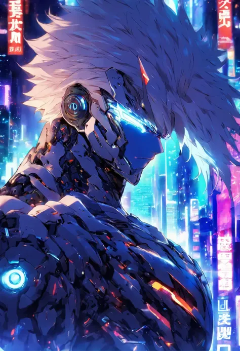 1 handsome man, Cybernetic suit, medium white hair, night city