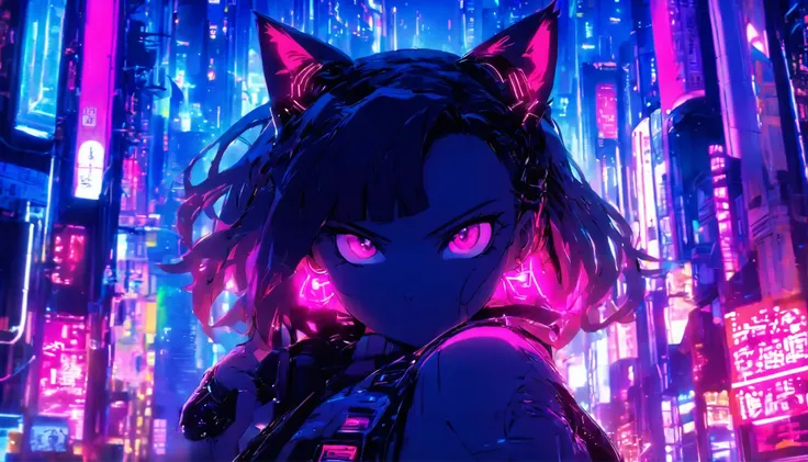 (masterpiece:1.1), (highest quality:1.1), (HDR:1.0), evening, cityscape, 1girl, solo, cat_ears, ears_down, looking_at_viewer, upper_body, black_hair, pink_eyes, outdoors, cyberpunk, science_fiction, neon_lights