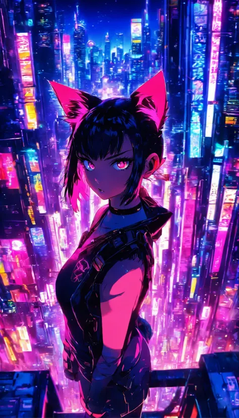 (masterpiece:1.1), (highest quality:1.1), (HDR:1.0), evening, cityscape, 1girl, solo, cat_ears, ears_down, looking_at_viewer, upper_body, black_hair, pink_eyes, outdoors, cyberpunk, science_fiction, neon_lights