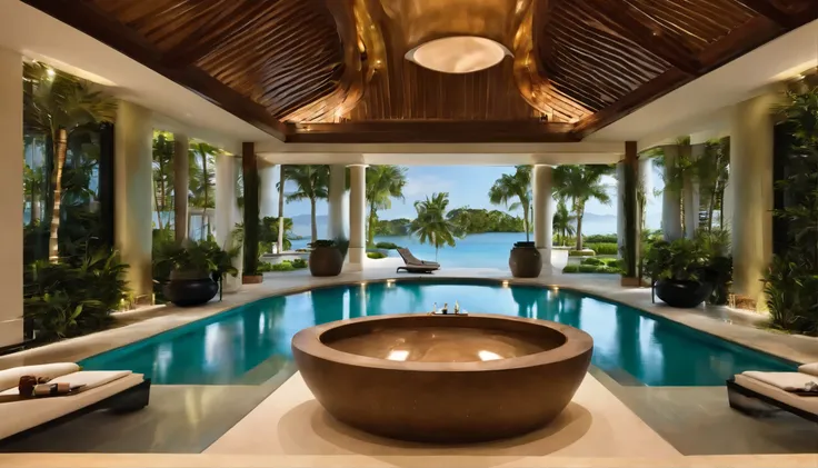 Within the expansive interior of this opulent sanctuary lies a lavish pool, seamlessly integrated into the design to offer a breathtaking centerpiece. With a resolution of 32K, every ripple and reflection in the water is rendered with unparalleled clarity,...