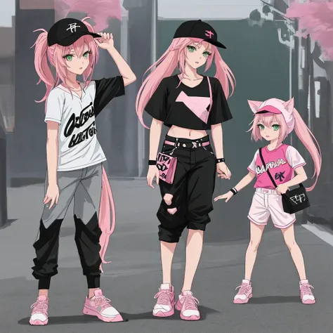 anime SPYxFAMILY，Anya Forger，pink hair,green eyes,5 years old,Hair that only reaches shoulders，Full body pictureStand straight，Front view，
Stylish baseball uniform in black and white，stylish pants，Baseball cap with animal ears，fashion,Two dimensions，Stylis...