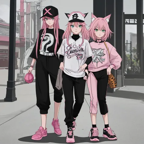 anime SPYxFAMILY，Anya Forger，pink hair,green eyes,5 years old,Hair that only reaches shoulders，Full body pictureStand straight，Front view，
Stylish baseball uniform in black and white，stylish pants，Baseball cap with animal ears，fashion,Two dimensions，Stylis...