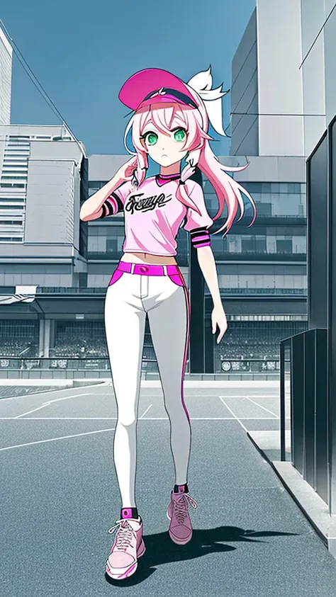 anime SPYxFAMILY，Anya Forger，pink hair,green eyes,5 years old,Hair that only reaches shoulders，Full body pictureStand straight，Front view， Stylish baseball uniform in black and white，stylish pants，Baseball cap with animal ears，fashion,Two dimensions，Stylis...