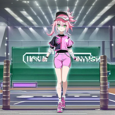 anime SPYxFAMILY，Anya Forger，pink hair,green eyes,5 years old,Hair that only reaches shoulders， Stand straight，Upper body figure， Stylish baseball uniform in black and white，stylish pants，Baseball cap with animal ears，fashion,Two dimensions，Stylish sneaker...