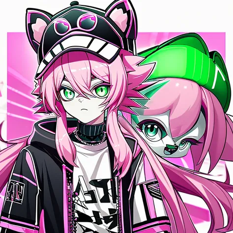 pink hair,green eyes,5 years old,Hair that only reaches shoulders，Fashionable jacket in black and white with only upper body picture，Baseball cap with animal ears，fashion,Two dimensions，Cool cyber game style