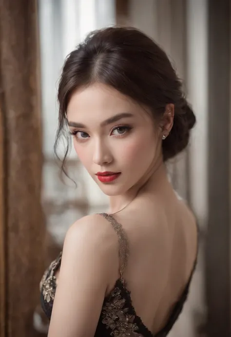 (Best quality,Ultra-detailed,Realistic:1.37),Portrait,Girl,Beautiful detailed face,Long eyelashes,Seductive gaze,Perfect lips,Radiant complexion,Stunning figure,Korean underwear,Black stockings,High heels with stiletto heels,tattooed body,Wearing a collar,...