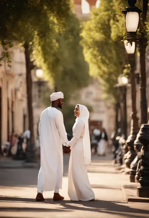 Disney pixar poster, couple of a hijab asian girl wearing white long dress and soft brown hijab and soft pink hight heels on her feet, with a black hair boy from nigeria wearing white long shirt and long cream pants and white sneakers, holding hands,walkin...