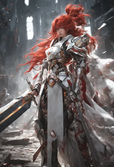 photography, raw photo, A female warrior dressed in battle clothes, red hair, holding a long sword in her hand, dressed in formal attire, a fusion of mecha and cloth clothing, with a complex hierarchy of monochromatic white characters, deep silver and ligh...