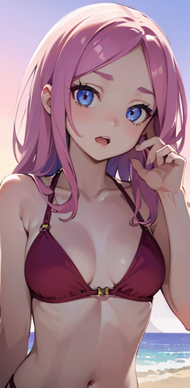 Realistic、1girl、pink hair、blue eyes、(eye focus:1.3,face focus:1.3,upper body:1.5),(gradient eyes:1.3),(red bikini)、open mouth,smugness,forehead,cute face,portrait,beach、