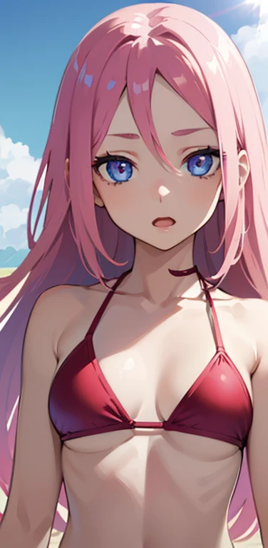 Realistic、1girl、pink hair、blue eyes、(eye focus:1.3,face focus:1.3,upper body:1.5),(gradient eyes:1.3),(red bikini)、open mouth,(smugness),forehead,cute face,portrait,beach、