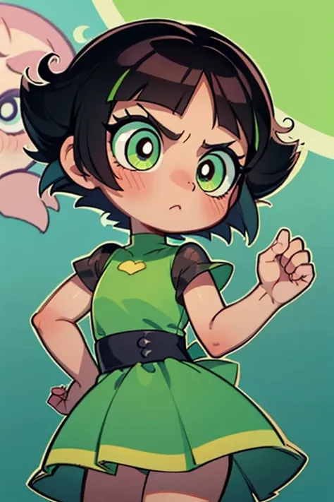 make buttercup,from the powerpuff girls,serious,blush,short   hair,green dress