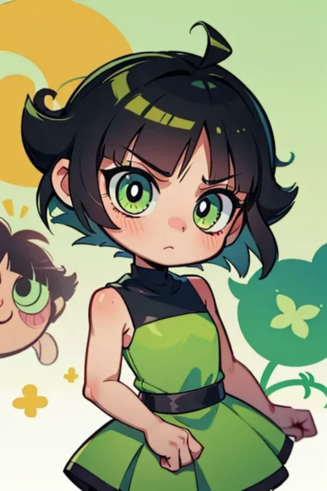 make buttercup,from the powerpuff girls,serious,blush,short   hair,green dress