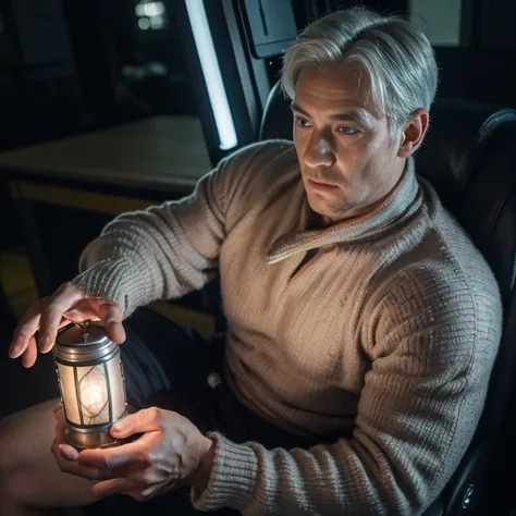 An award-winning original photo, A wild muscular man, (30 years old man:1.3), 1boy, Solo, (wearing a (silver lantern) metal suit), (glowing silver ring on a finger), spikes, neon stripes, white hair, (big shoulder), muscular, hunk, stubbles, Short beard, (...