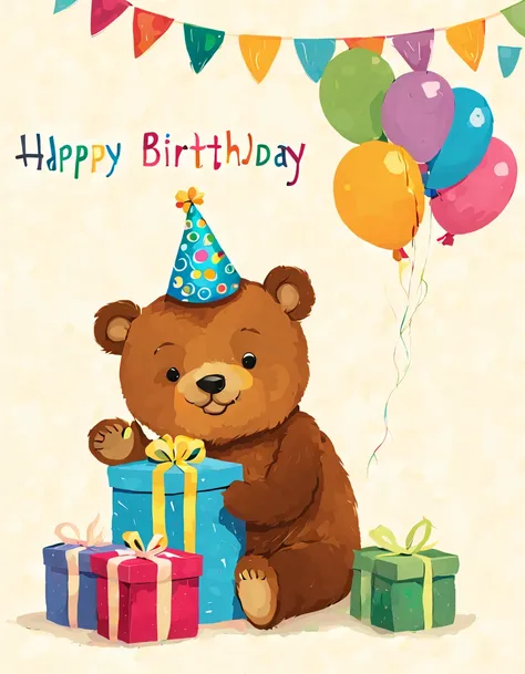 r4y, flatee, shadee, character, a cute happy teddy bear giving a present, sweet, birthday cake card, with a text that says happy...