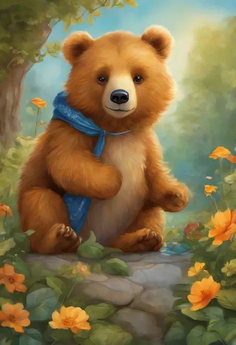 Comic book style, Paint with vivid watercolors, Two-legged little brown bear, cute clothing, greene eyes, an orange, Blue. amarelo, The is very detailed, The is very detailed, tmasterpiece, Fairy tale background, in wonderland, Dynamic colors, Fairy light,...