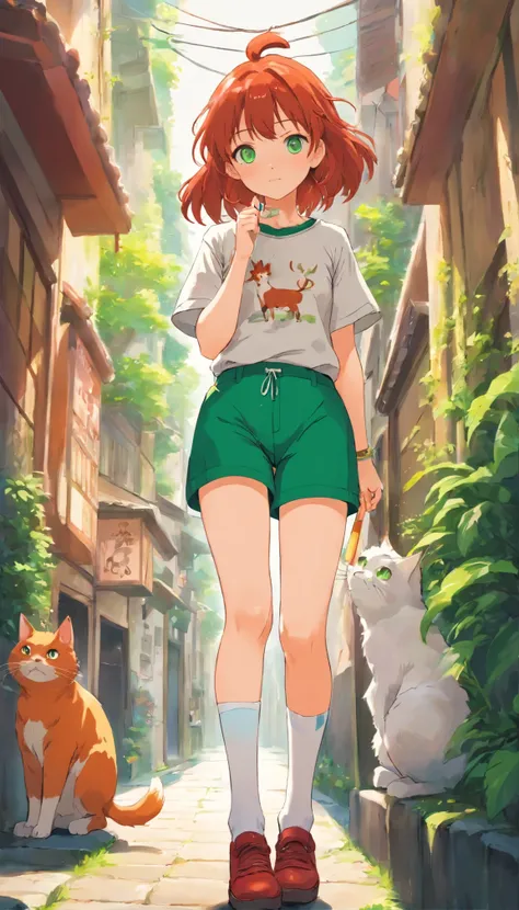 Anime Girl, rote Haare, green eyes, Katze im Hintergrund, Anime Girl trägt eine Hose mit Kuh Muster, big t-shirt, White socks, Anime Girl trägt Piercings 