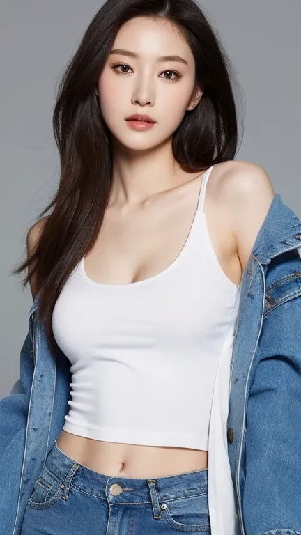 （real， High resolution：1.3）， one girl with a perfect body， super thin face and eyes，long hair， Random Color Tank Top：1.2， jeans coat， big breasts，Expose the neckline