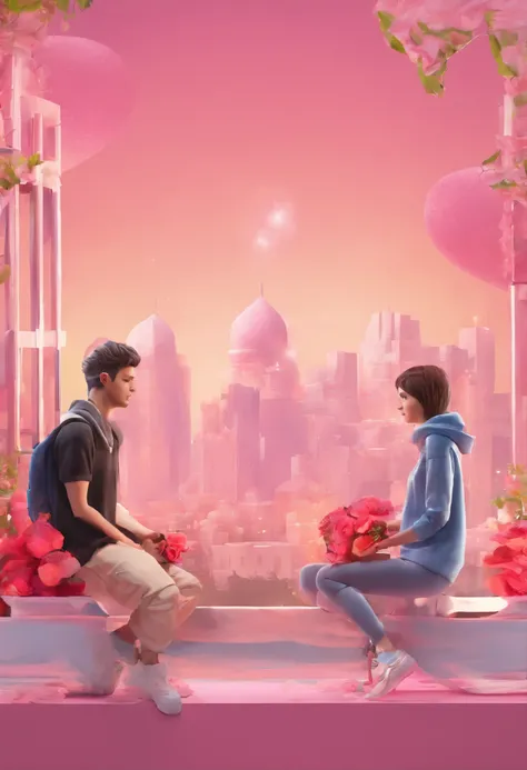 Create a beautiful couple, the boys wear a  black hoddie with "Rahim" name, and the girl wear a pink hoddie with "Zahra" Name , the boy give a rose to the girl with a background i love you my jan 