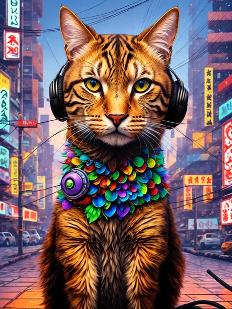 an anthropomorphic cat with headphones and a jacket is sitting in the middle of a road, cyberpunk and post-soviet modernism-them...