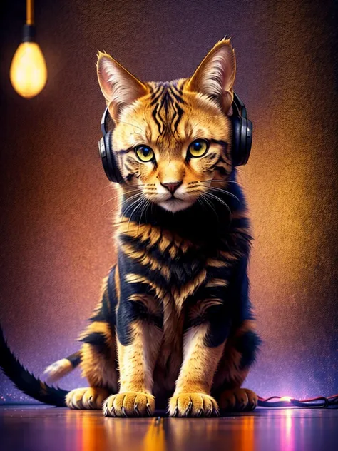 an anthropomorphic black cat with yellow headphones and a jacket is sitting in the middle of a road, ultra realistic cat,gold sh...