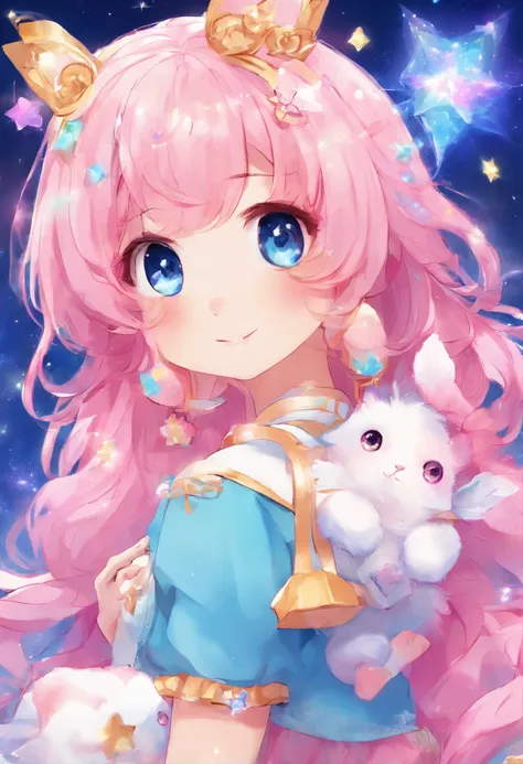 Cute Magical Girl、Pink hair、Blue eyes、Very beautiful girl、Eyes full of stars、cute background、