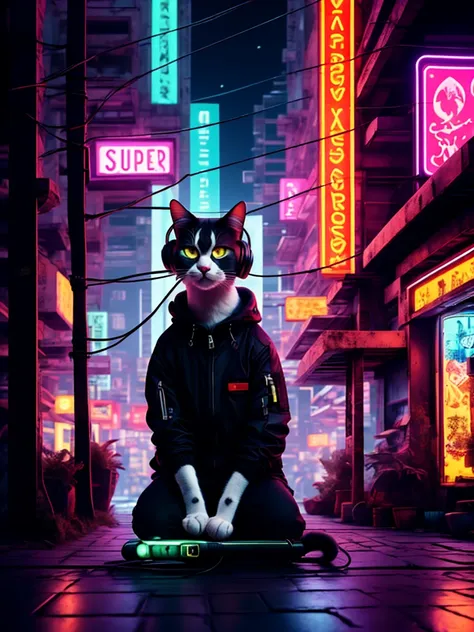 an anthropomorphic cat with headphones and a jacket is sitting in the middle of a road, cyberpunk and post-soviet modernism-them...