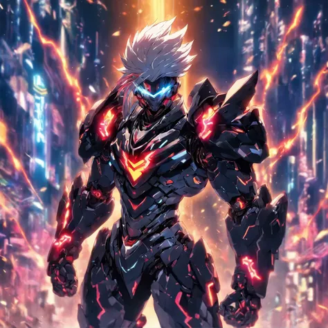 1BOY, SOLO, cyborg warrior wearing  cybernetic armour and cybernetic v shaped helmet, bright black armour, bright white hair, full body shot, giving dynamic badass pose