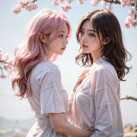 Light pink hair, pink eyes, pink and white, sakura leafs, vivid colors, white shirt, paint splash, simple background, ray tracing, wavy hair