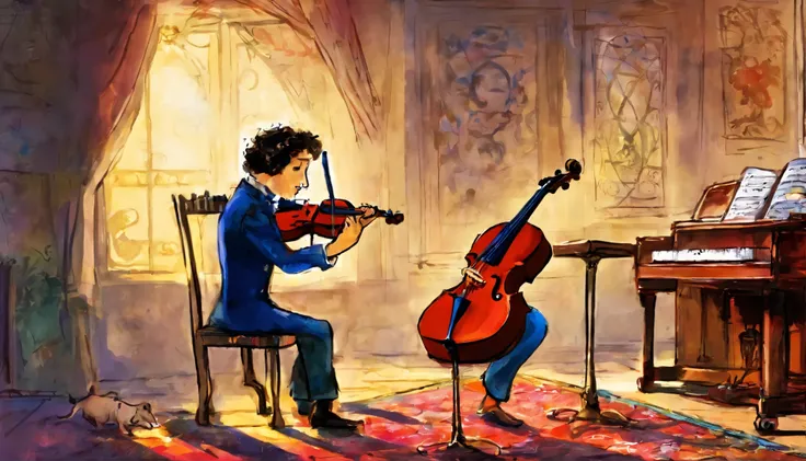 learning to play violin, by Marc Chagall, Persian rug on the floor, music stand, sheet music,