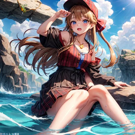 reddish-brown blonde、blue eyes、Braid、ponytail、one good looking girl、solo、anime、Plaid miniskirt、the skirt has buttons、camisole、black t-shirt、dress、Doing the ribbon、Ribbon at waist、cloak、Crystal Grotto、hood、desert、clouds are swirling、stone slabs are piled up...