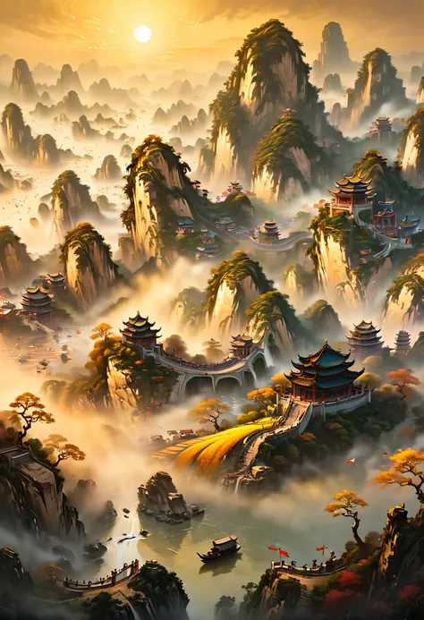 famous artwork by (kuang hong:1.4), scenic chinese landscape, perfect composition, golden hour, haze, low angle, beautiful, uhd, (best quality, masterpiece, Representative work, official art, Professional, Ultra detailed, 8k:1.3)