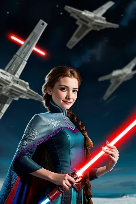 Disney princess from Frozen dressed in Sith clothes and holding a red Star Wars style lightsaber in her hands, with war spaceships in the background