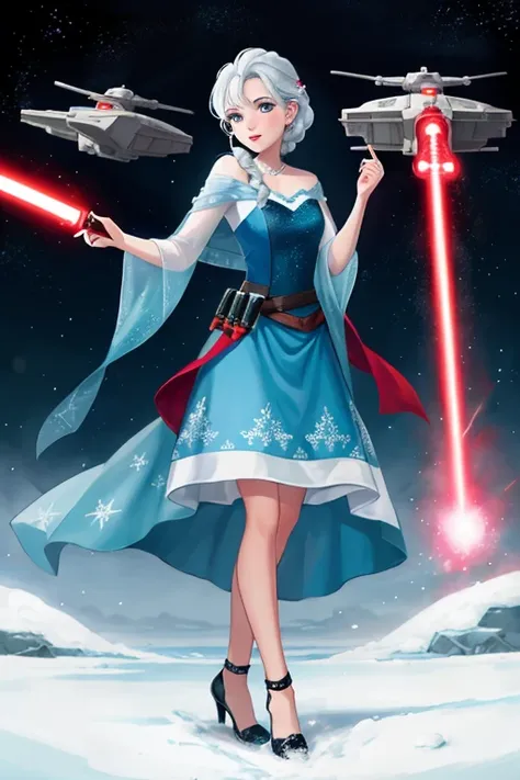 Disney princess from Frozen dressed in Sith clothes and holding a red Star Wars style lightsaber in her hands, with war spaceships in the background