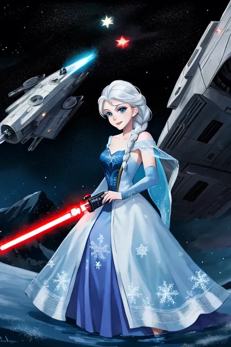 Disney princess from Frozen dressed in Sith clothes and holding a red Star Wars style lightsaber in her hands, with war spaceships in the background