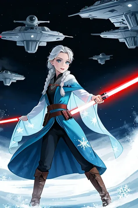 Disney princess from Frozen dressed in Sith clothes and holding a red Star Wars style lightsaber in her hands, with war spaceships in the background