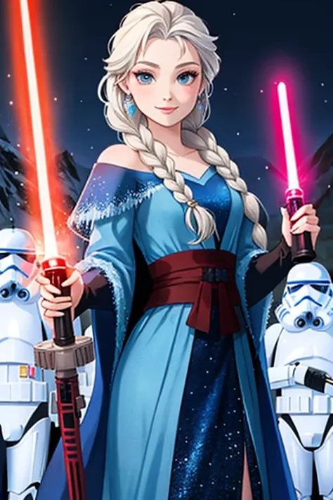 Disney princess from Frozen dressed in Sith tunic clothing and holding a red Star Wars style lightsaber in her hands, with clone army in the background