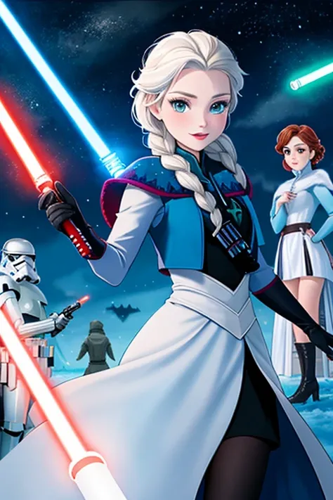 Disney princess from Frozen dressed in Sith tunic clothing and holding a red Star Wars style lightsaber in her hands, with clone army in the background