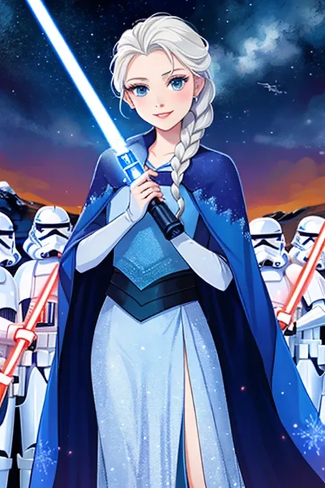 Disney princess from Frozen dressed in Sith tunic clothing and holding a red Star Wars style lightsaber in her hands, with clone army in the background