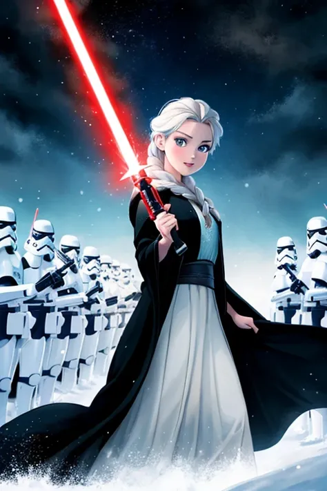 Disney princess from Frozen dressed in a black Sith robe and holding a red Star Wars-style lightsaber in her hands, with the clone army in the background