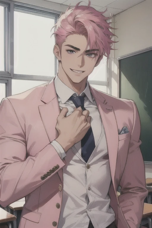 (head shot), (handsome high school muscular boy), (he is showing his chest and wearing white and pink school blazer),  handsome muscular high school man in the classroom of high school,  mischievous smile, 