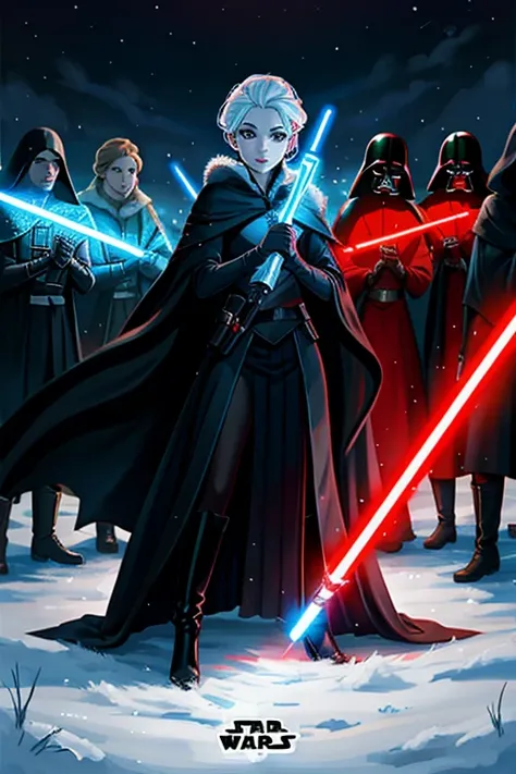 Disney princess from Frozen dressed in a black Sith robe and holding a red Star Wars-style lightsaber in her hands, with the clone army in the background