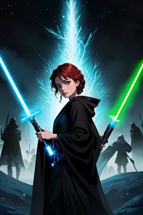 Disney princess from Frozen dressed in a black Sith robe and holding a red Star Wars-style lightsaber in her hands, with the clone army in the background